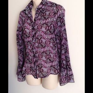Purple Patterned Long Bell-Sleeve Button Up Shirt